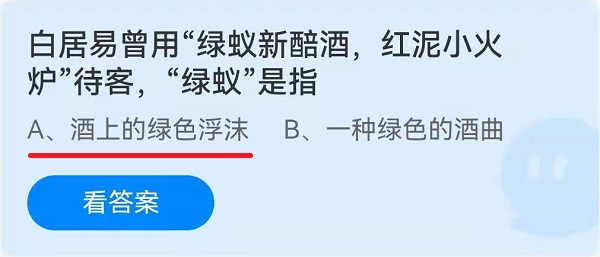 白居易曾用绿蚁新醅酒红泥小火炉待客绿蚁是指 沧浪手游